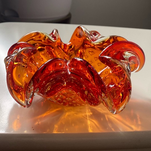 Vintage Barovier & Toso Orange Murano Glass Glass Bowl w/ silver leaf inclusions - Picture 7 of 13